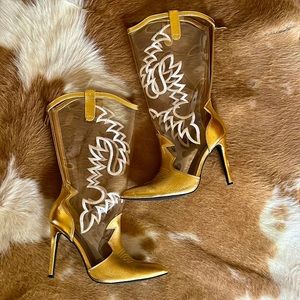 Cape Robbin Women’s Western Metallic Gold & Clear Embroidered Top High-Heel Boot